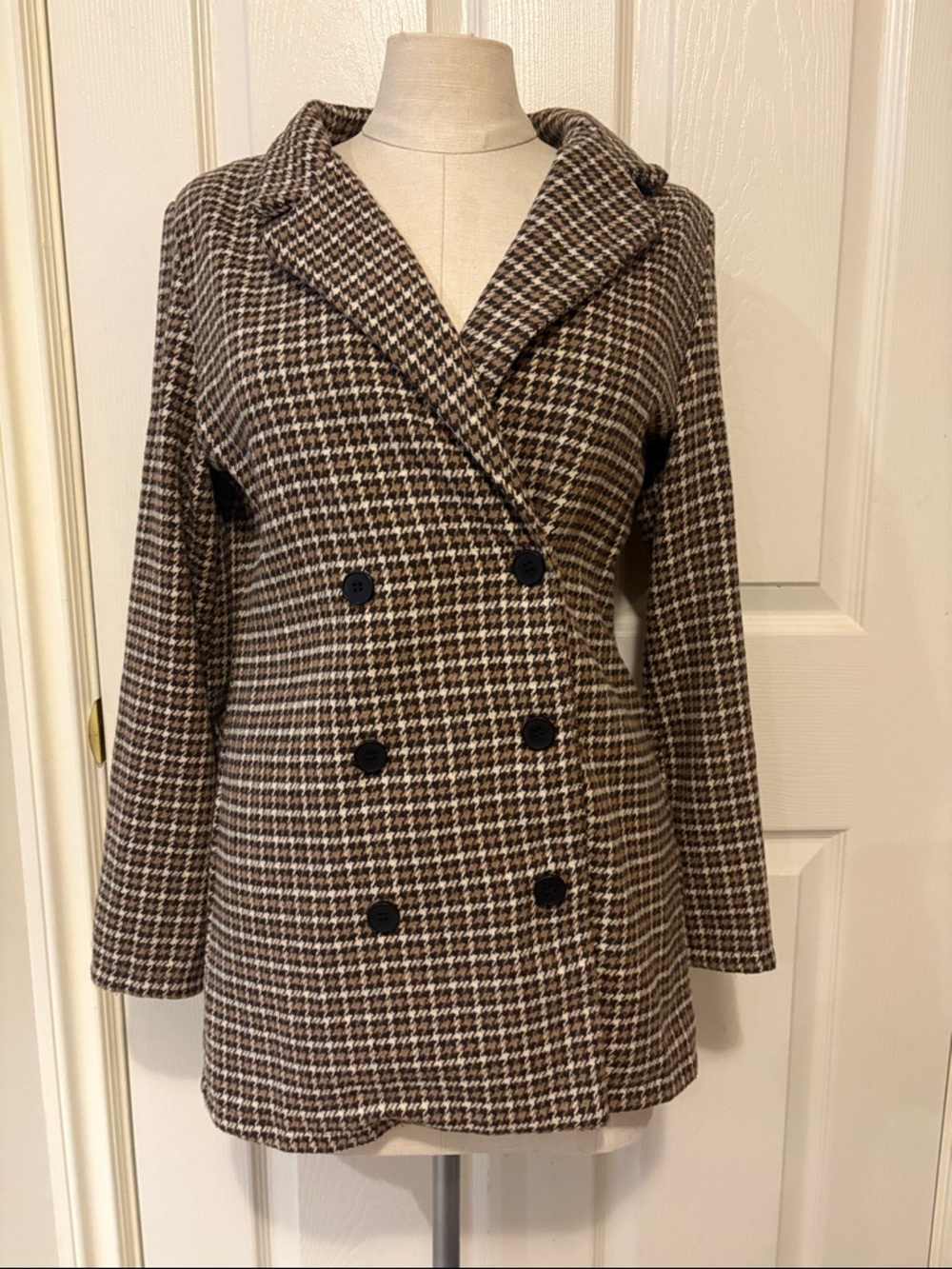 SHEIN Brown Houndstooth Double-Breasted Pea Coat